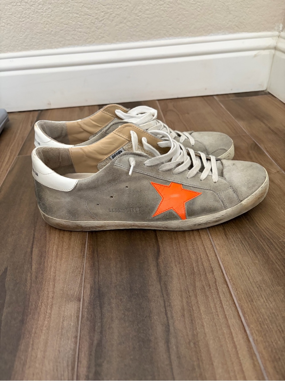 Golden Goose Men’s Grey Suede Sneakers with Orange Star Accent Size 45 or US 12